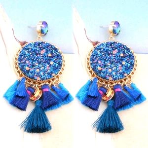Blue Boho Fringed Tassel Earrings